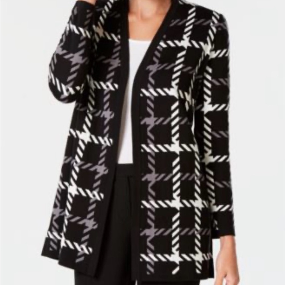 NIPON Boutique 1X Black & Gray Cotton Houndstooth Open Cardigan Sweater NWT